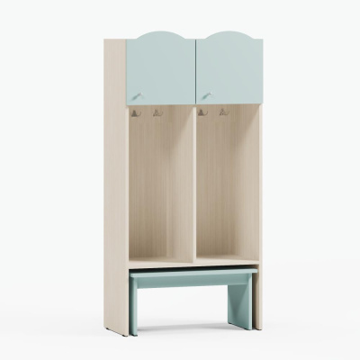 Детский шкаф Свейн 2С открытый со скамьёй серия Скандик (дуб млечный/зеленый ментоловый)
